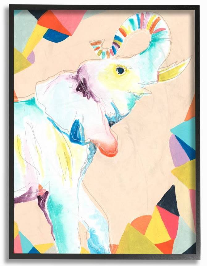 Colorful Abstract Elephant Animal Rainbow Drawing Framed Giclee Texturized Art G3079
