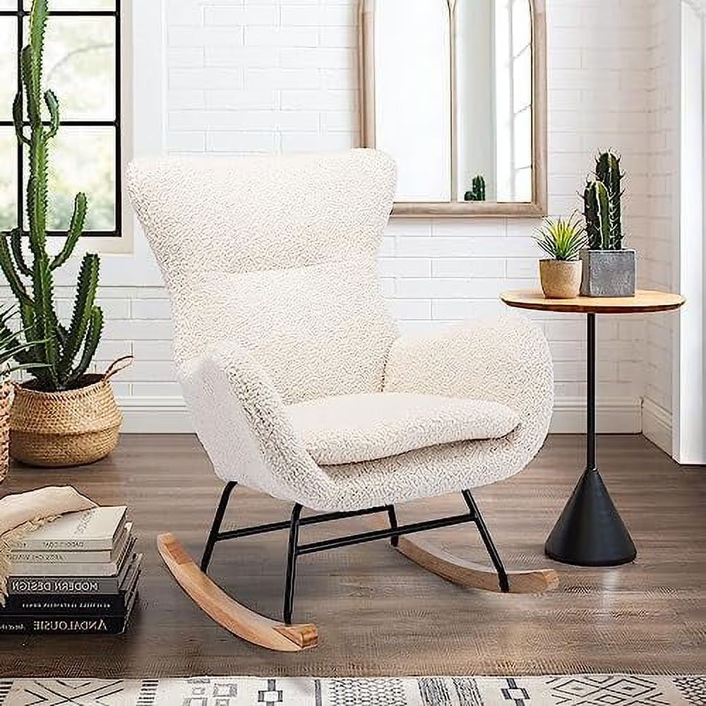 White Velvet Upholstered Glider Rocker Accent Chair with Side Pocket W546098