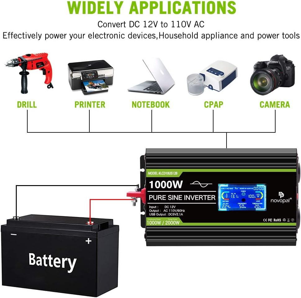 1000 Watt 12V DC to 110V AC Pure Sine Wave Power Inverter with 4 AC Outlets and 1 USB Port B1803