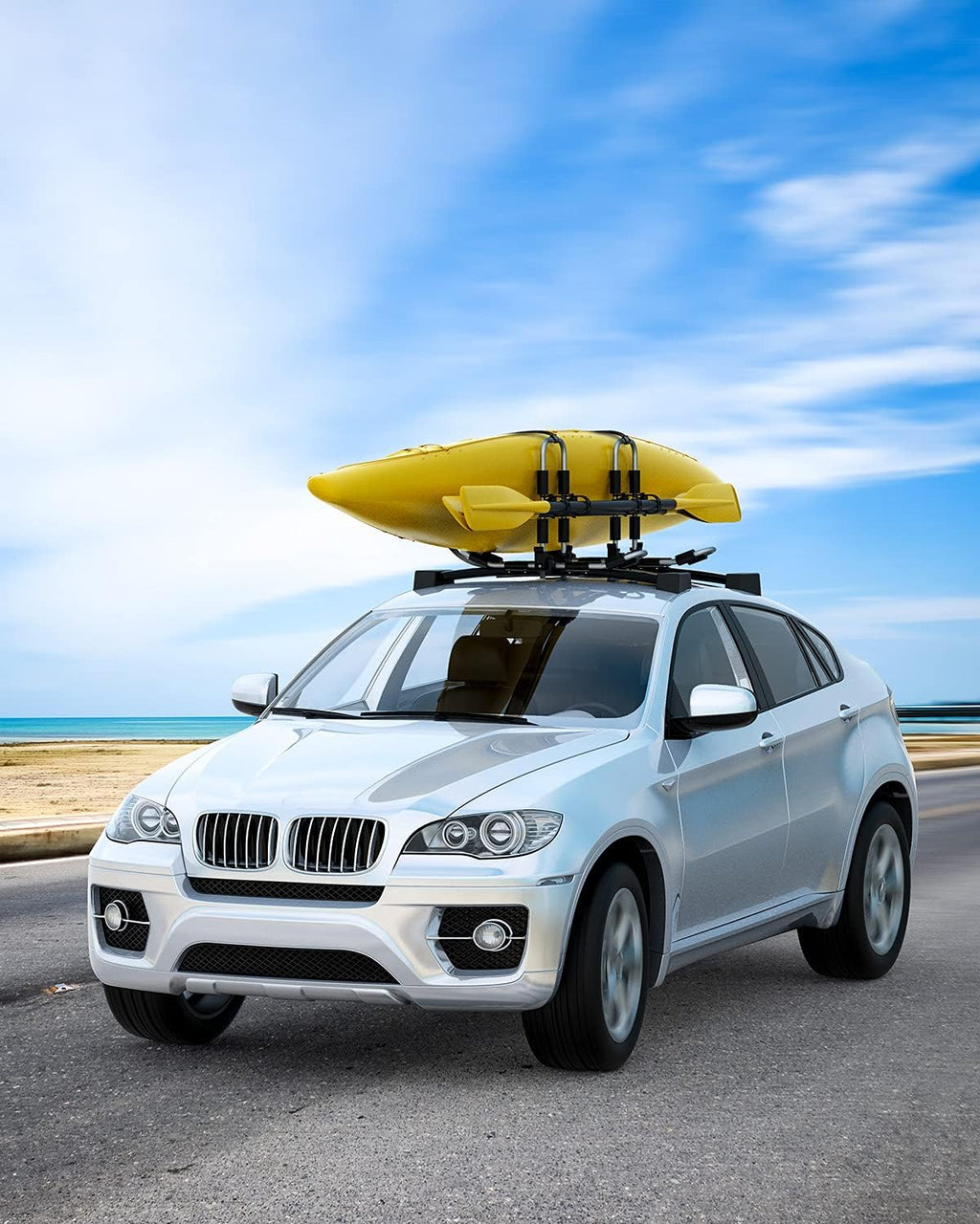 Kayak Roof Rack for 2 Kayaks Folding Aluminum Kayak Carrier J Bar with Paddle Holder A203124