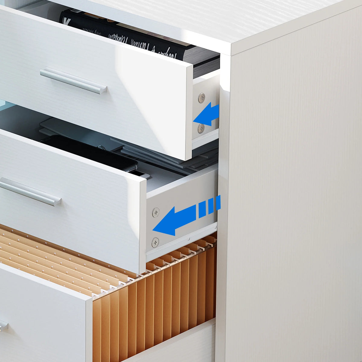 White L Shaped Desk with Power Outlets and Monitor Stand, 3 Drawers, 4 Open Storage Shelves G211