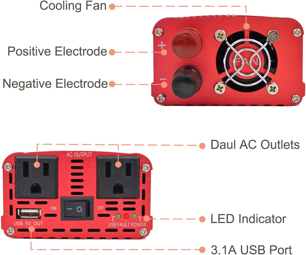 1000W/2000W Peak DC 12V to 110V AC Power Inverter with 3.1A USB Car Adapter and Cigarette Lighter, Pack of 2 T1300