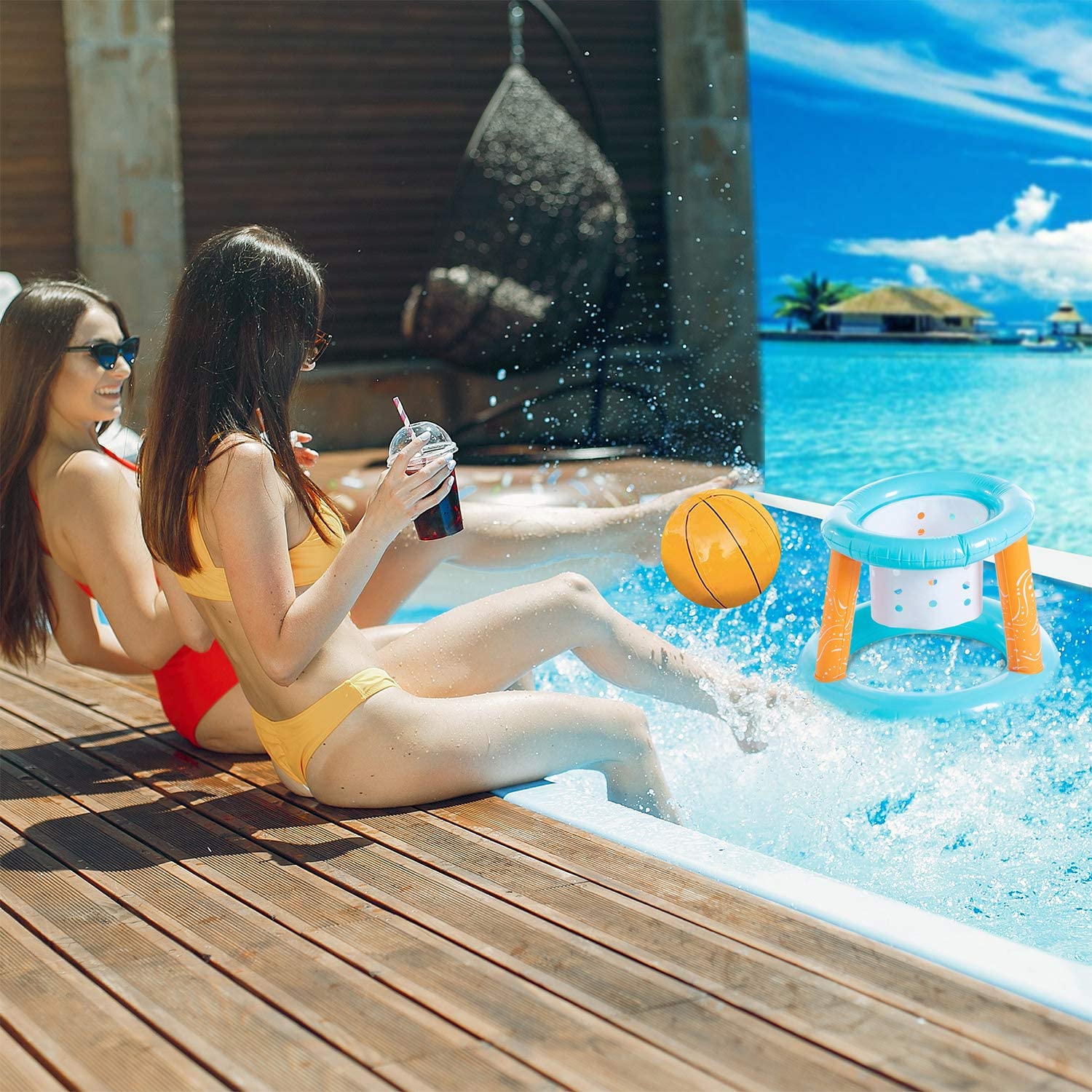 Light Blue Inflatable Pool Game Set with Volleyball Net, Basketball Hoops and Balls O47840