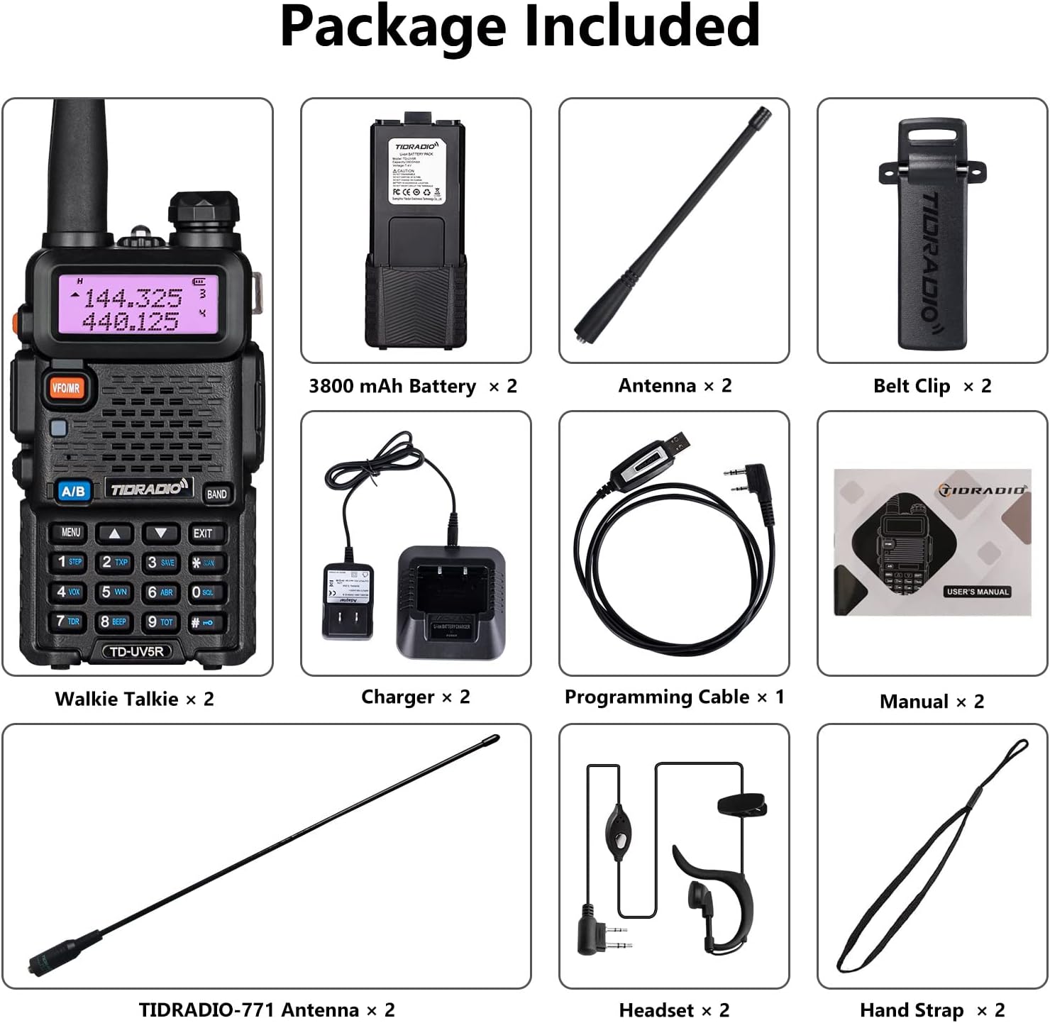 2 Pack Ham Radio Handheld Walkie Talkie with Rechargeable 3800mAh Extended Battery Antenna Earpiece and Programming Cable T692584