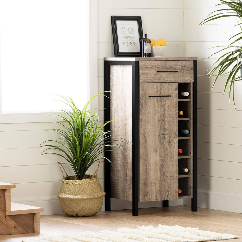 Weathered Oak and Matte Black Bar Cabinet with Storage M7955