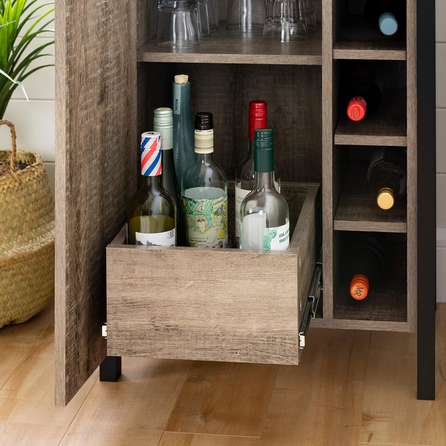 Weathered Oak and Matte Black Bar Cabinet with Storage M7955