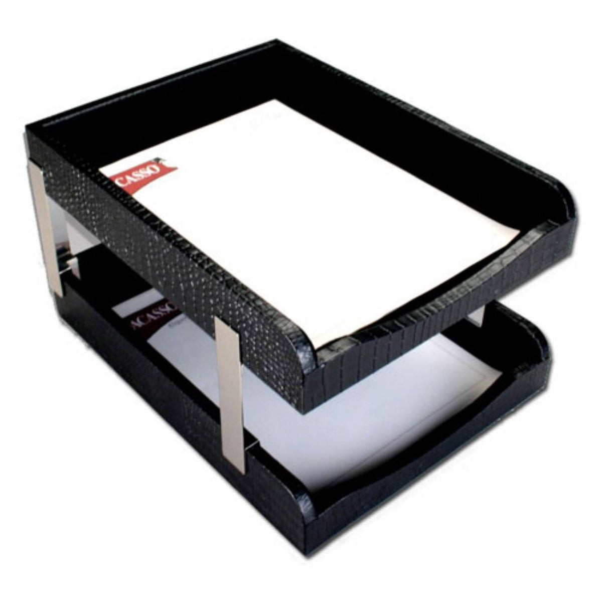 Black Crocodile Embossed Leather Double Letter Trays J356