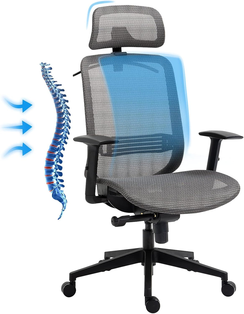 Grey Ergonomic Mesh Office Chair with Adjustable Headrest and Armrest D965962