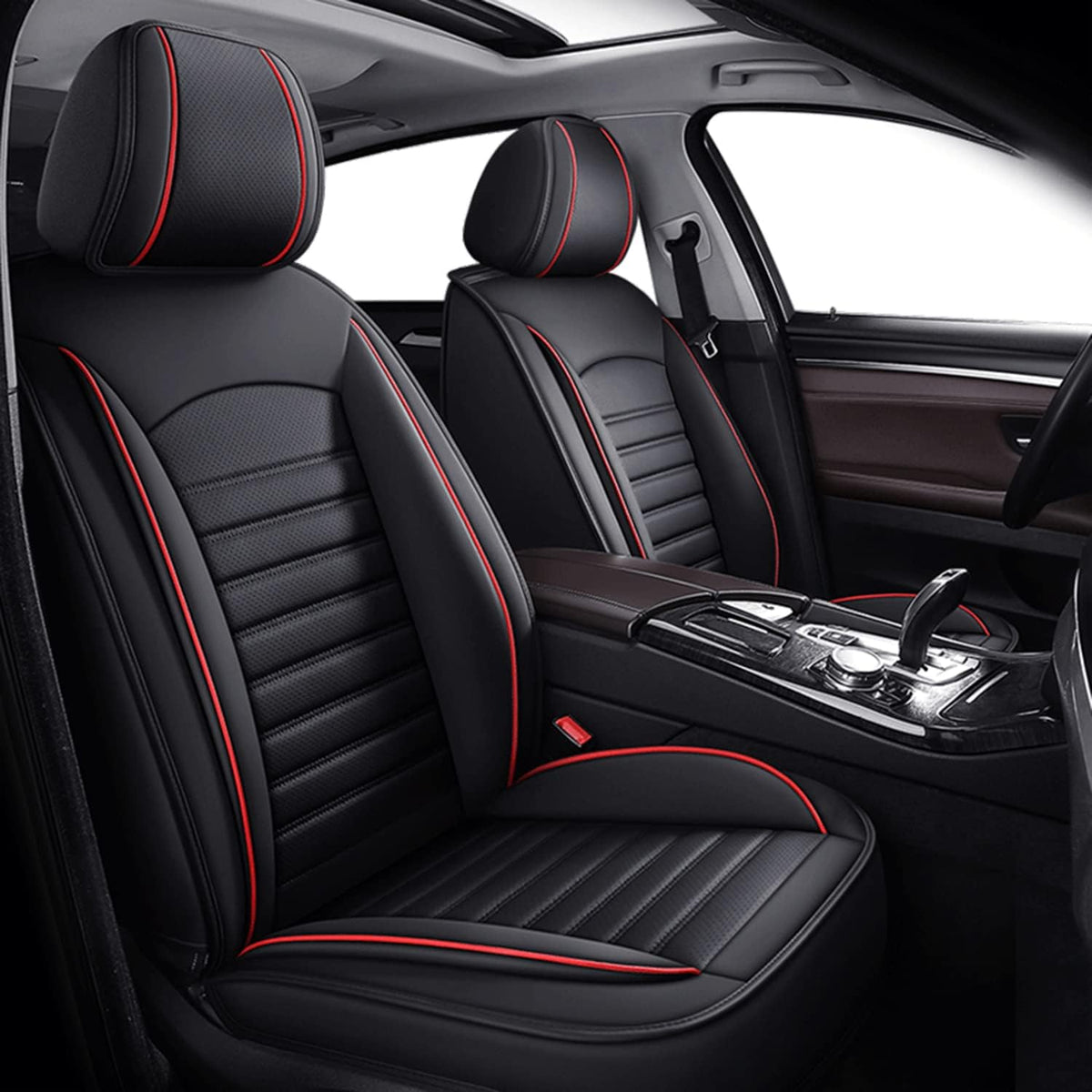 Black Red Leather Car Seat Covers 2 Pcs Z221650