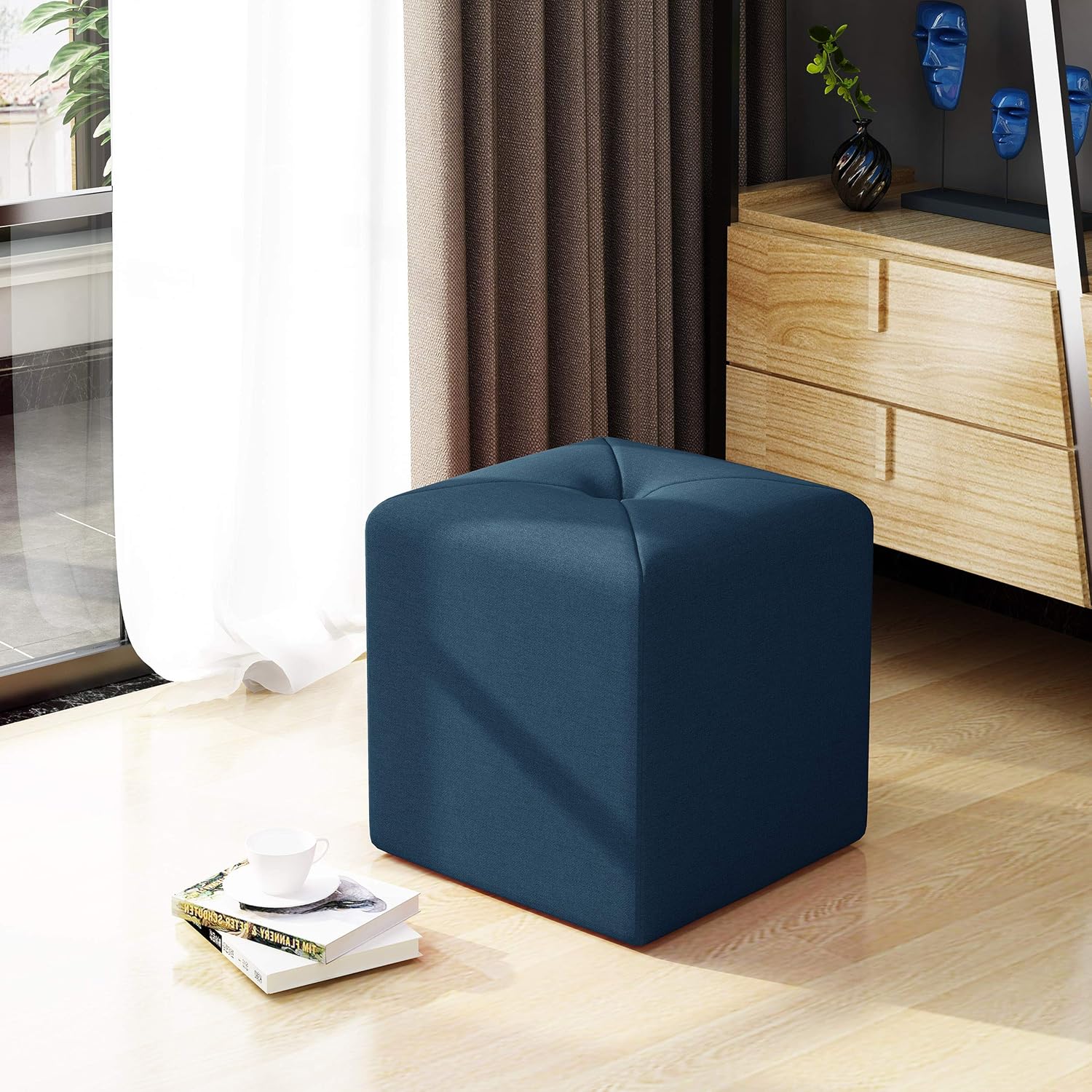 Navy Blue Fabric Square Ottoman F87044