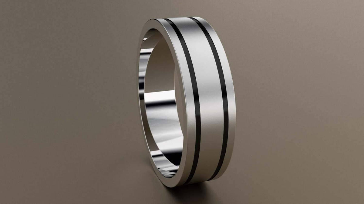 Brushed White Gold 6mm Double Black Groove Wedding Band D616949