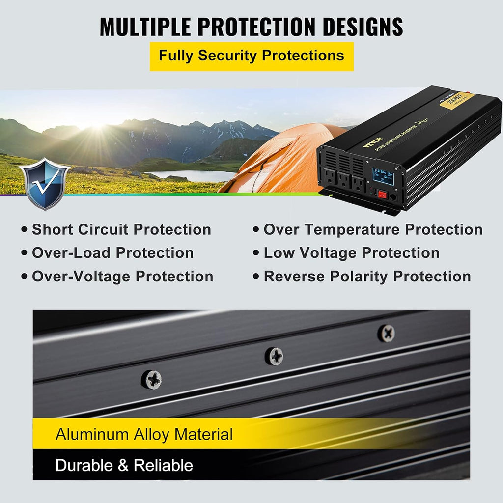 2500 Watt Pure Sine Wave Power Inverter, DC 12V to AC 120V, with USB Port and Remote Controller Q973
