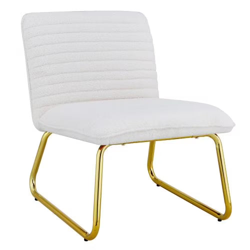 White minimalist armless sofa chair with plush cushion and backrest and golden metal legs H523