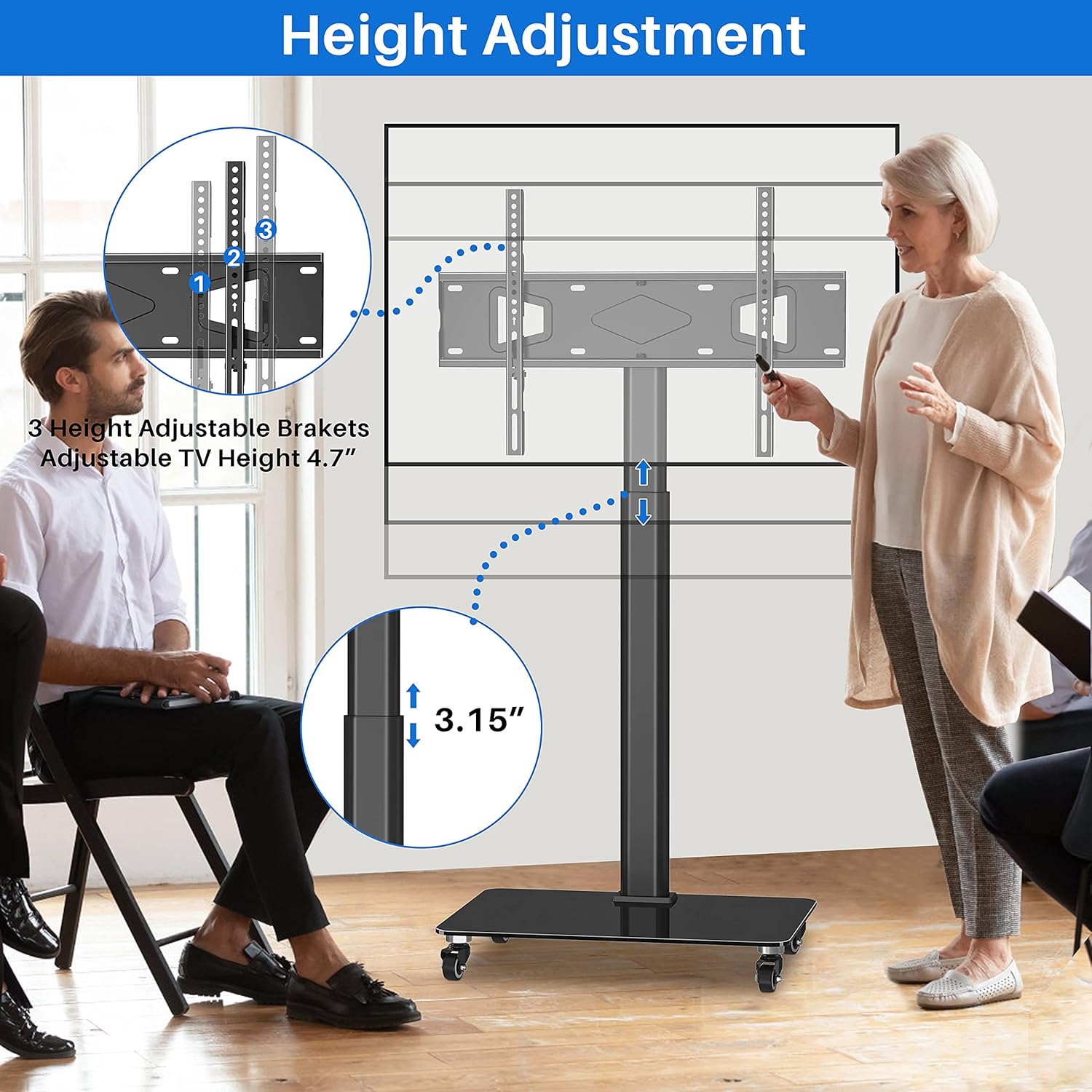Tall TV Stand with Wheels, Height Adjustable, Max VESA 600x400mm U644075