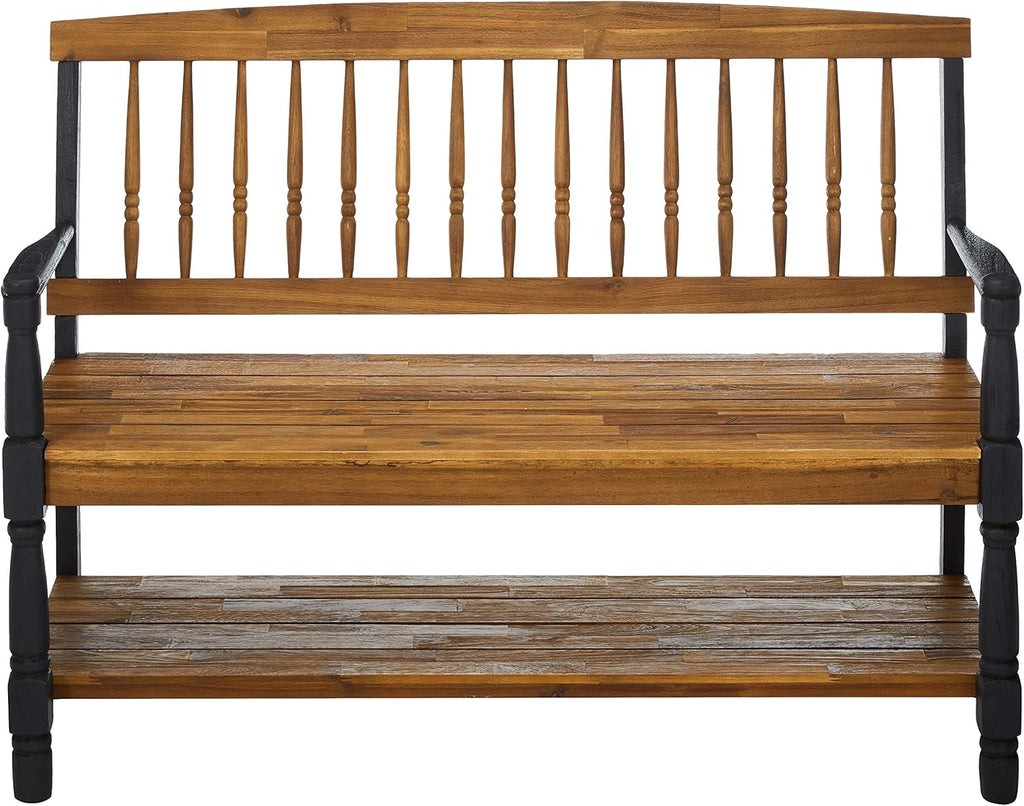 Teak and Black Acacia Wood Bench with Shelf M198