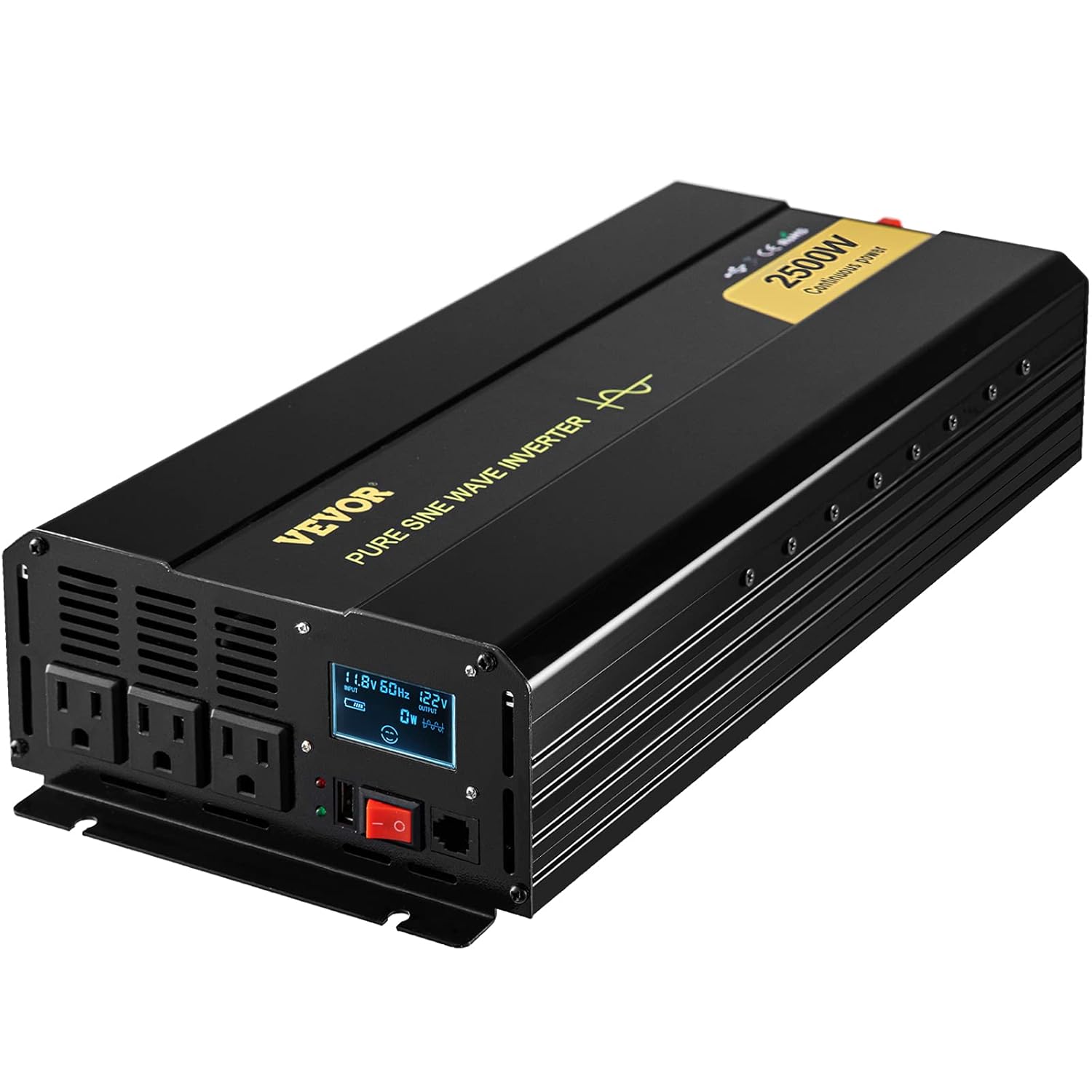 2500 Watt Pure Sine Wave Power Inverter, DC 12V to AC 120V, with USB Port and Remote Controller Q973