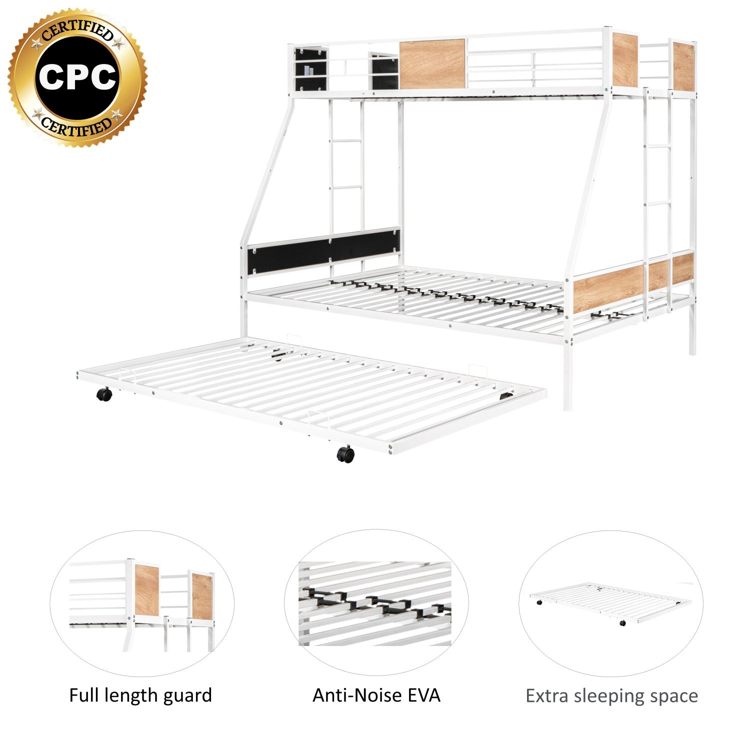 Twin Over Twin Full Metal Bunk Bed Frames with Trundle & Two-Side Ladders A545