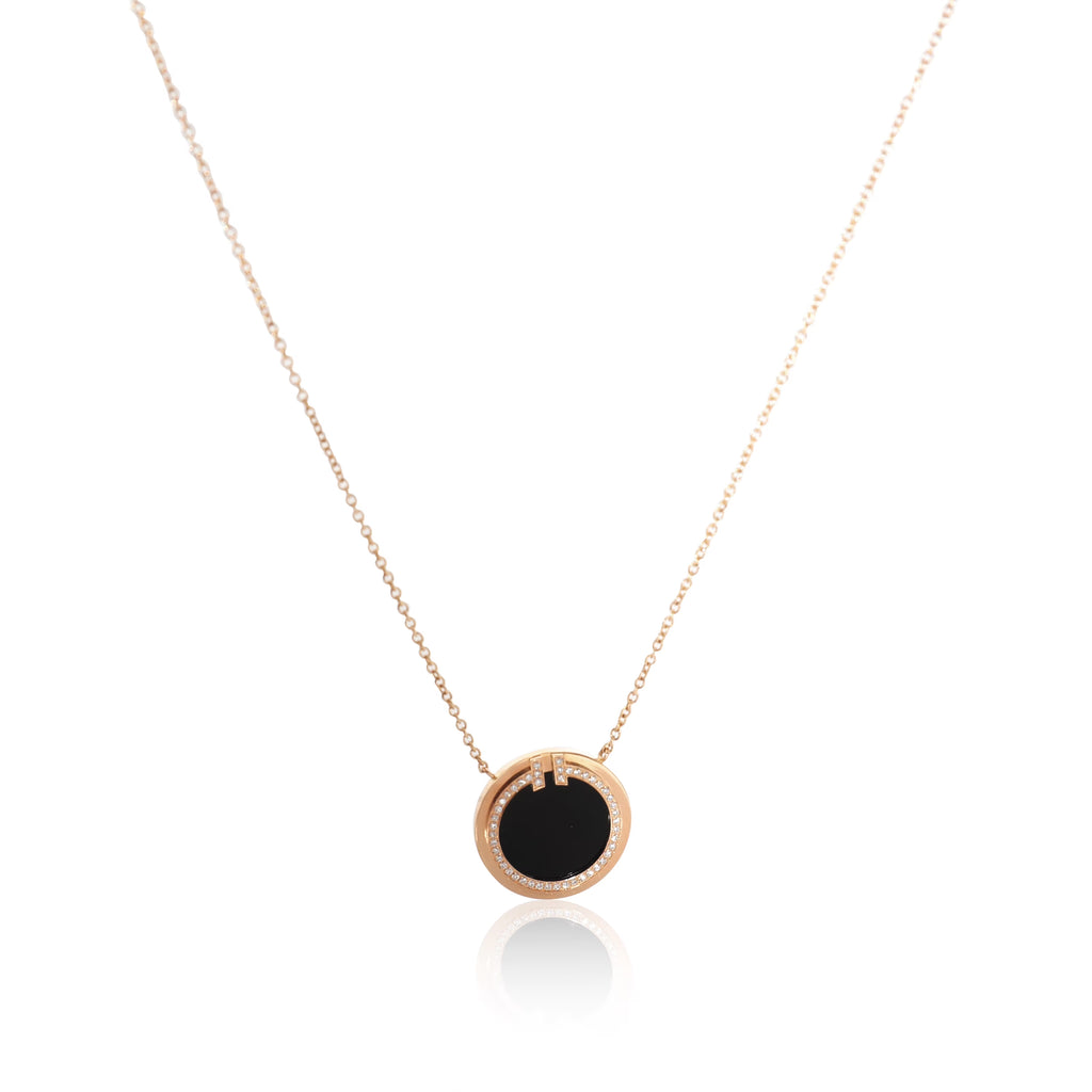 Black Onyx Diamond Circle Pendant 18K Rose Gold E210