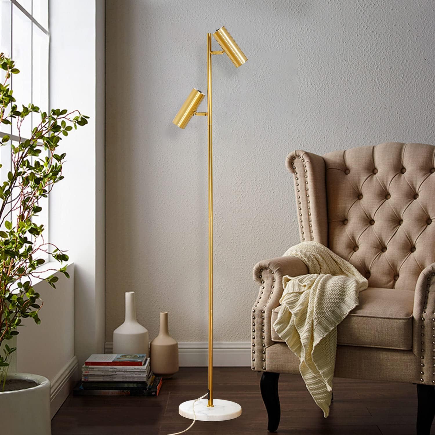 Double Head Floor Lamp with Foot Switch, Brass/Gold Finish P6530