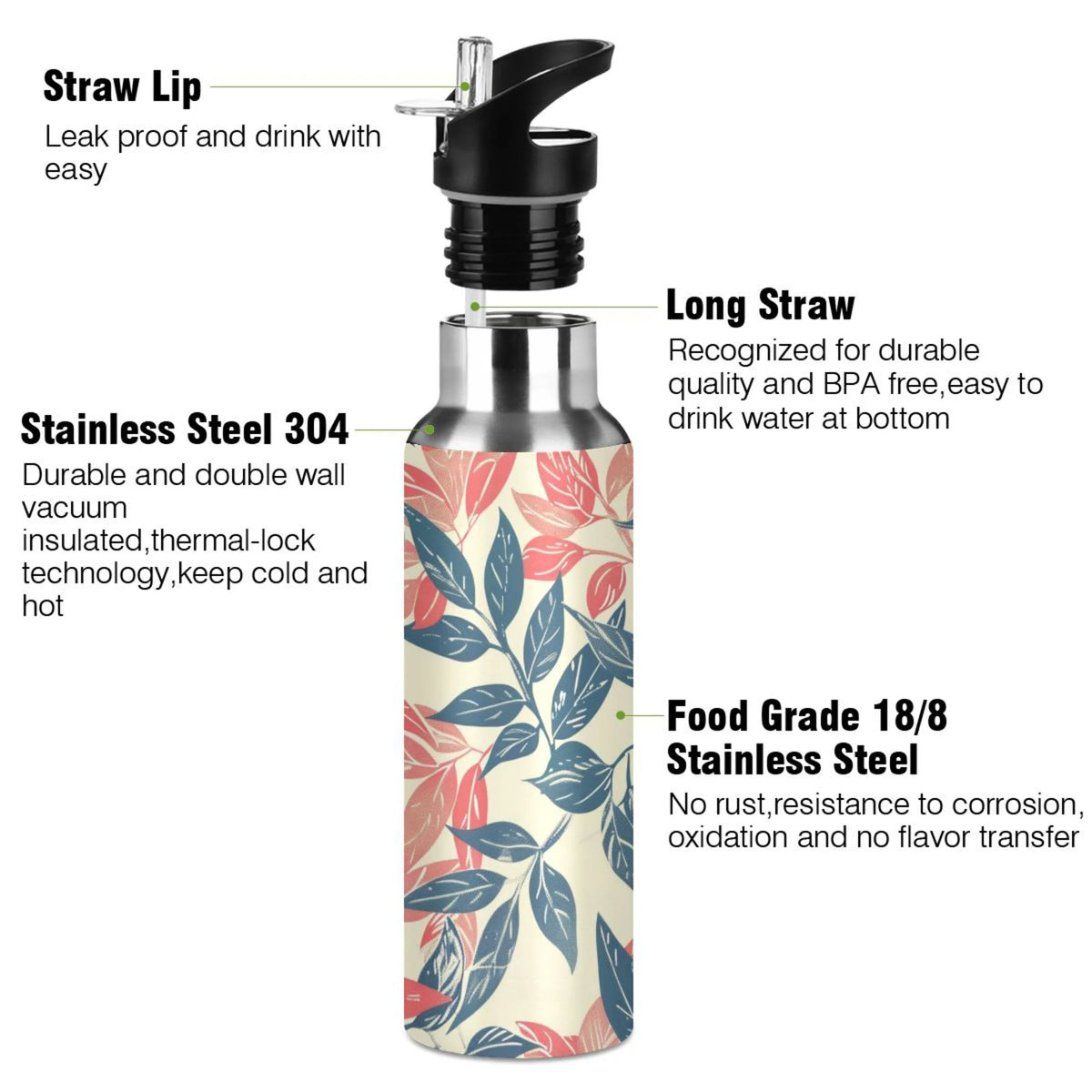 Retro Leaf Insulated Stainless Steel Water Bottle with Straw Lid 20 oz B231