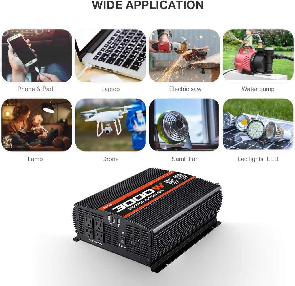 3000W Power Inverter 4 AC Outlets DC 12V to 110V AC Car Inverter with 2 USB Port and Bluetooth U78245