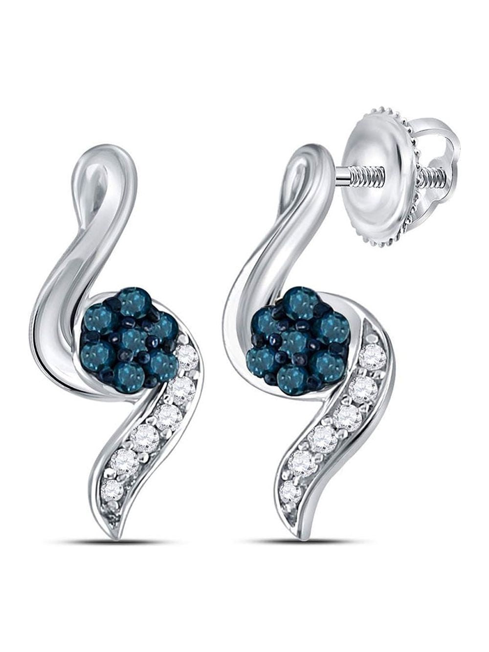 Sterling Silver Round Blue Diamond Cluster Stud Earrings 1/5 Cttw T832270