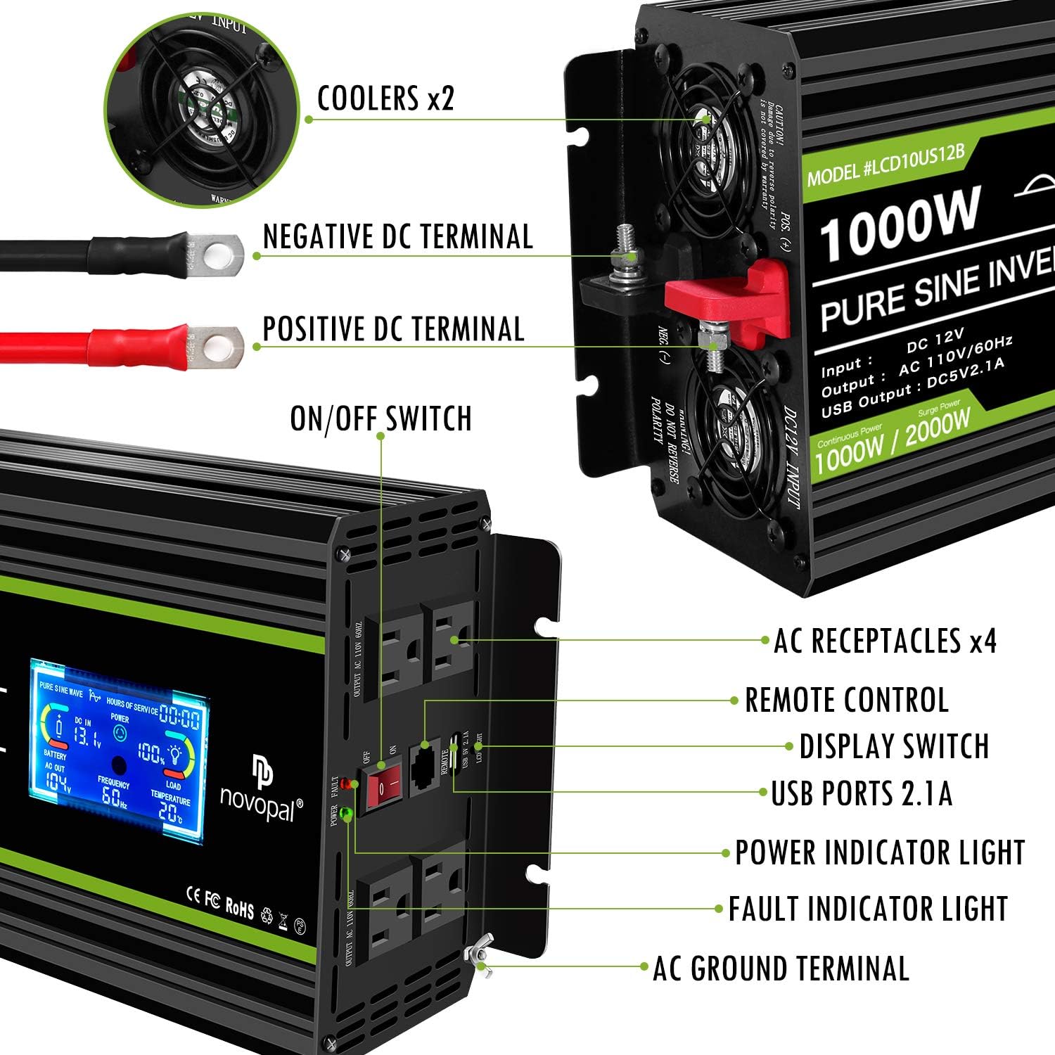 1000 Watt 12V DC to 110V AC Pure Sine Wave Power Inverter with 4 AC Outlets and 1 USB Port B1803