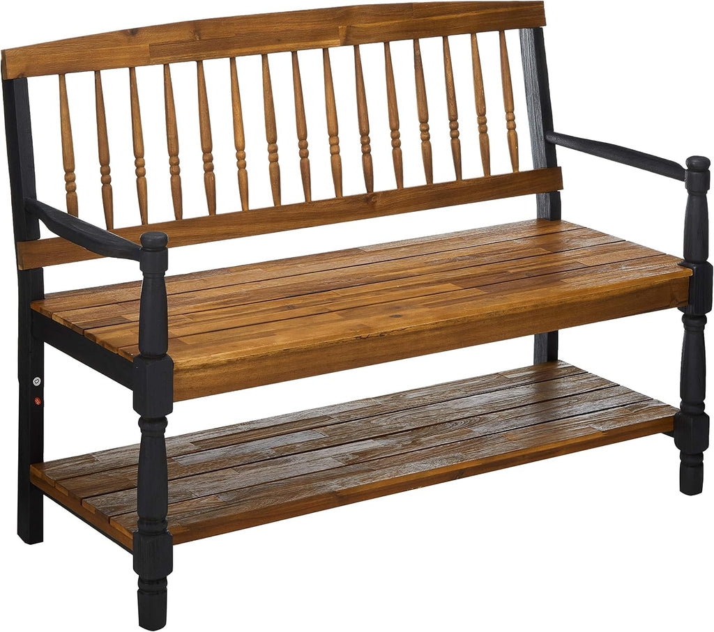 Teak and Black Acacia Wood Bench with Shelf M198