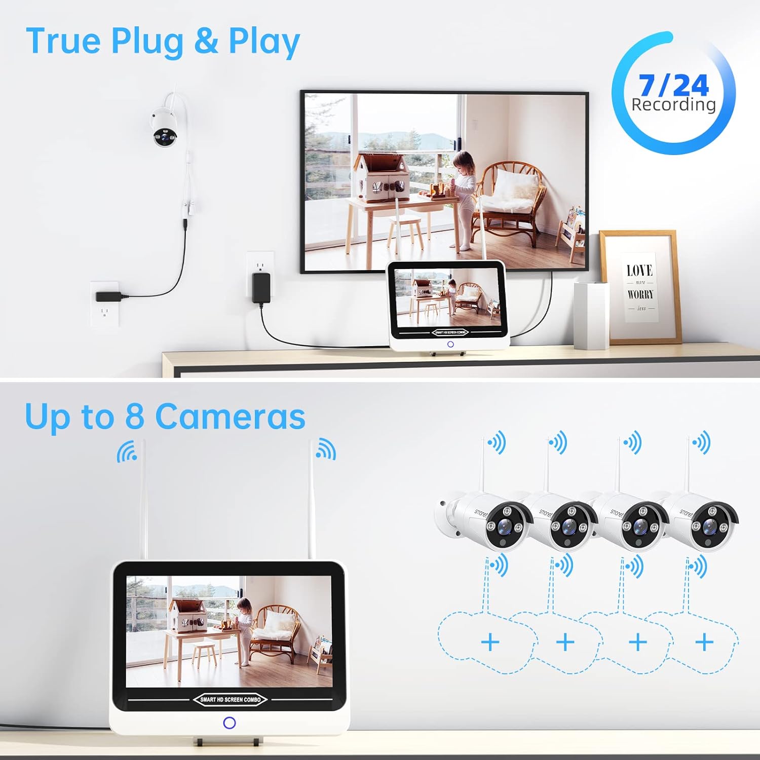 3MP 8CH Wireless Security Camera System with 12" Monitor, 4Pcs Outdoor Indoor IP Cameras Z53510