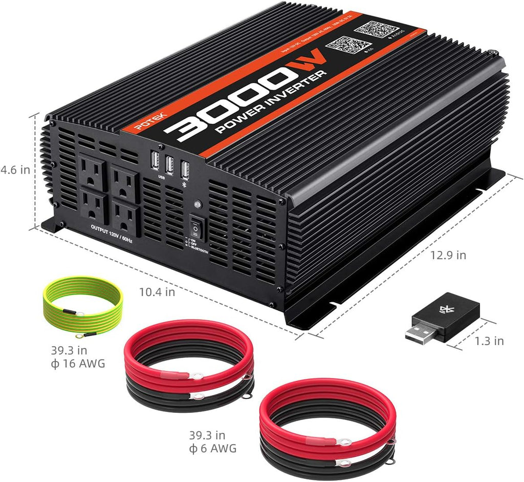 3000W Power Inverter 4 AC Outlets DC 12V to 110V AC Car Inverter with 2 USB Port and Bluetooth U78245