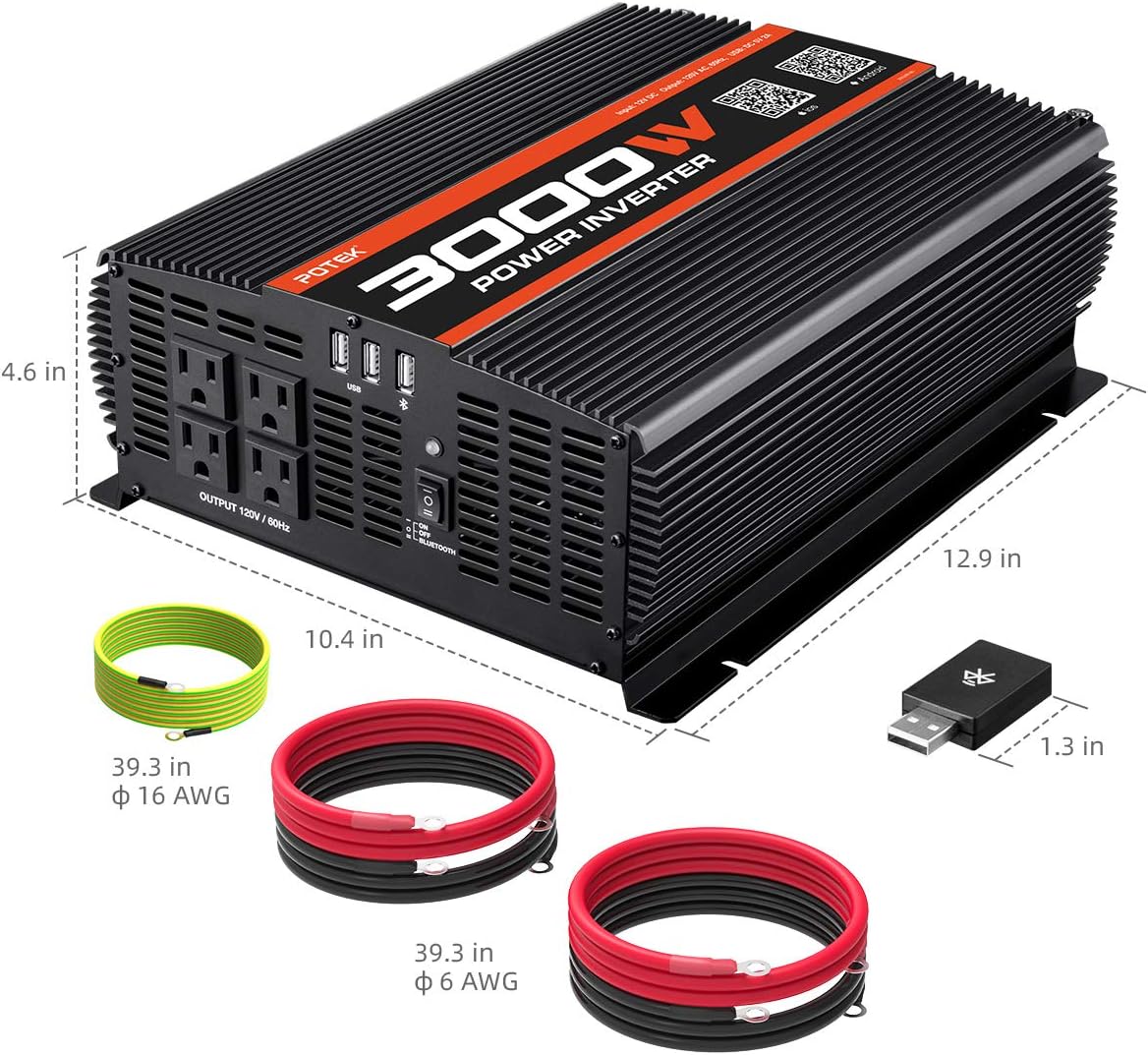 3000W Power Inverter 4 AC Outlets DC 12V to 110V AC Car Inverter with 2 USB Port and Bluetooth U78245