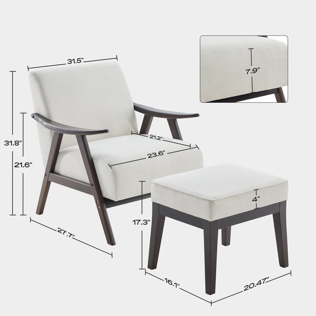 Beige Upholstered Accent Chair with Ottoman and Solid Wood Frame O299740
