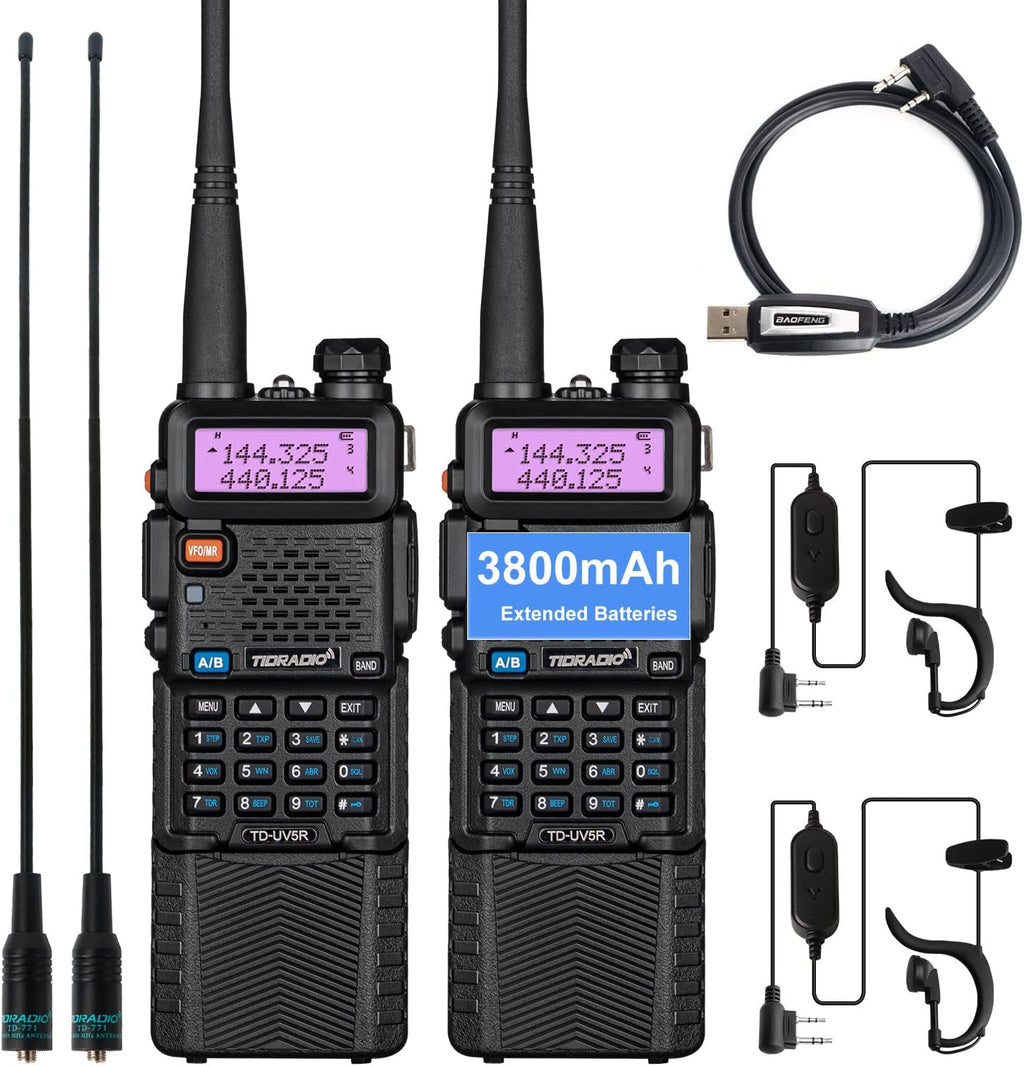 2 Pack Ham Radio Handheld Walkie Talkie with Rechargeable 3800mAh Extended Battery Antenna Earpiece and Programming Cable T692584