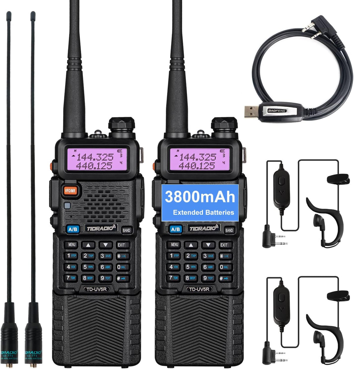 2 Pack Ham Radio Handheld Walkie Talkie with Rechargeable 3800mAh Extended Battery Antenna Earpiece and Programming Cable T692584