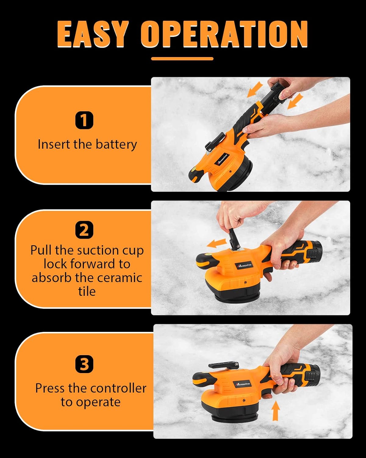 Tile Vibration Machine with Suction Cup, Storage Case, 2 Pcs 2000mAh Battery (Orange) G9633