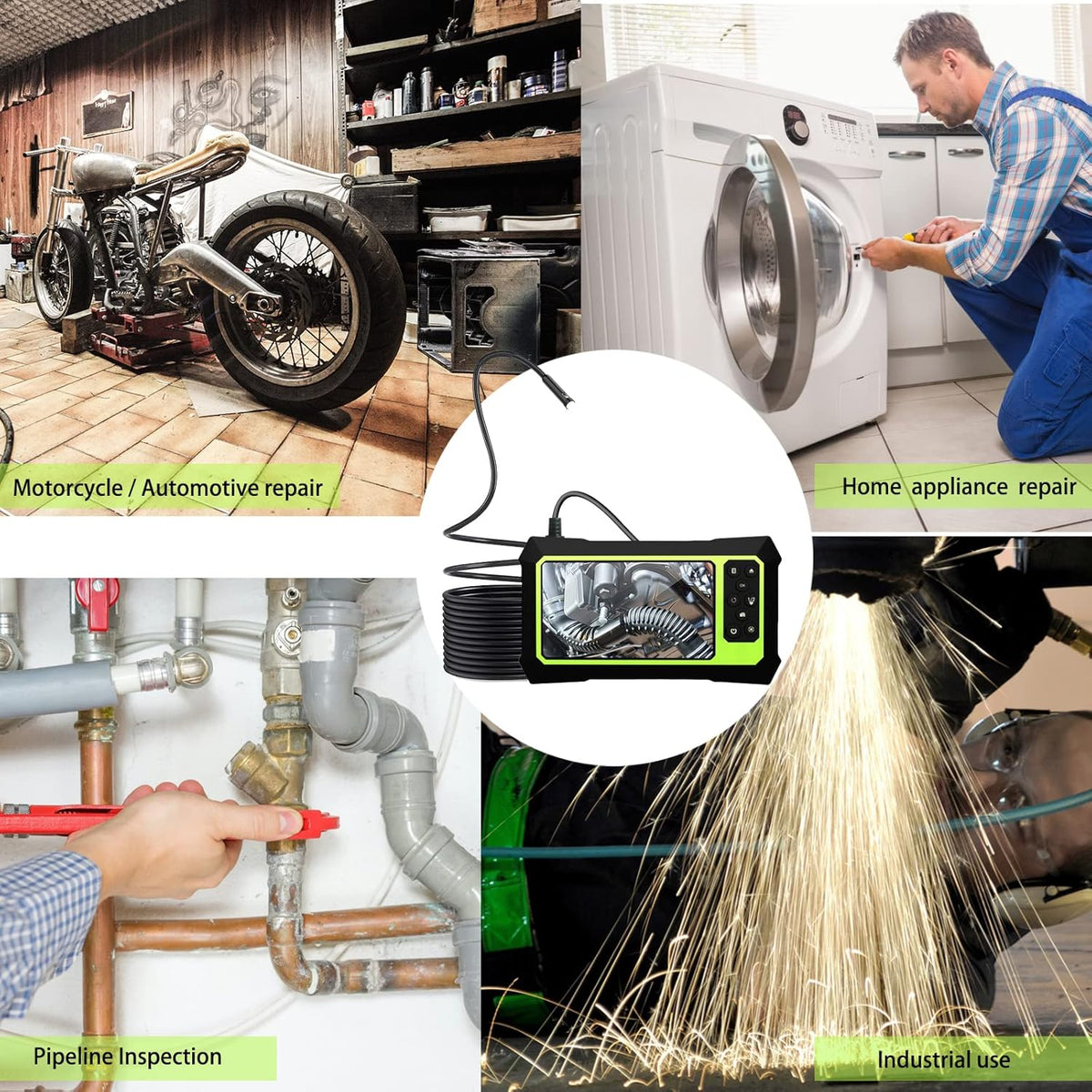 Dual Lens Video Endoscope Camera with Lights, 1080P Borescope Inspection Camera, 8 mm IP67 Waterproof, 16.5FT Semi-Rigid Cable, 32GB Card F563414