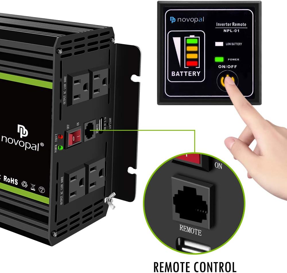 1000 Watt 12V DC to 110V AC Pure Sine Wave Power Inverter with 4 AC Outlets and 1 USB Port B1803