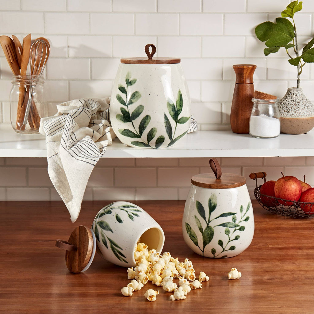 3PC Green Leaf Canisters with Acacia Wood Lid L955397