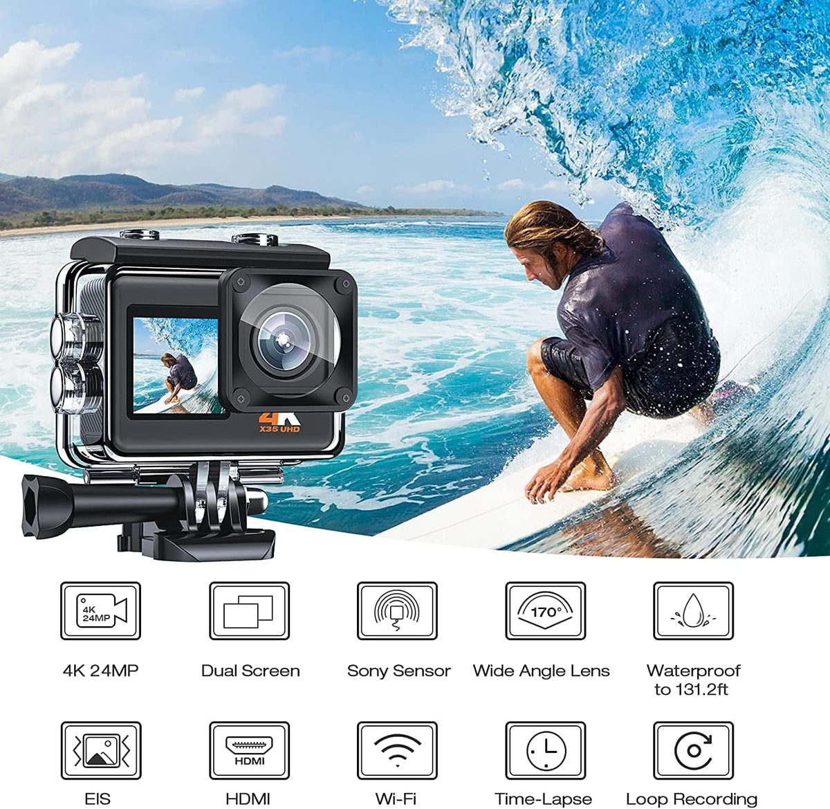 4K 20MP Waterproof Action Camera with Dual Screen and 2 Batteries V5800
