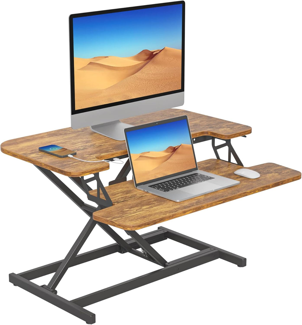 Rustic Brown Height Adjustable Standing Desk Converter with USB Charging Port W21163
