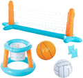 Light Blue Inflatable Pool Game Set with Volleyball Net, Basketball Hoops and Balls O47840