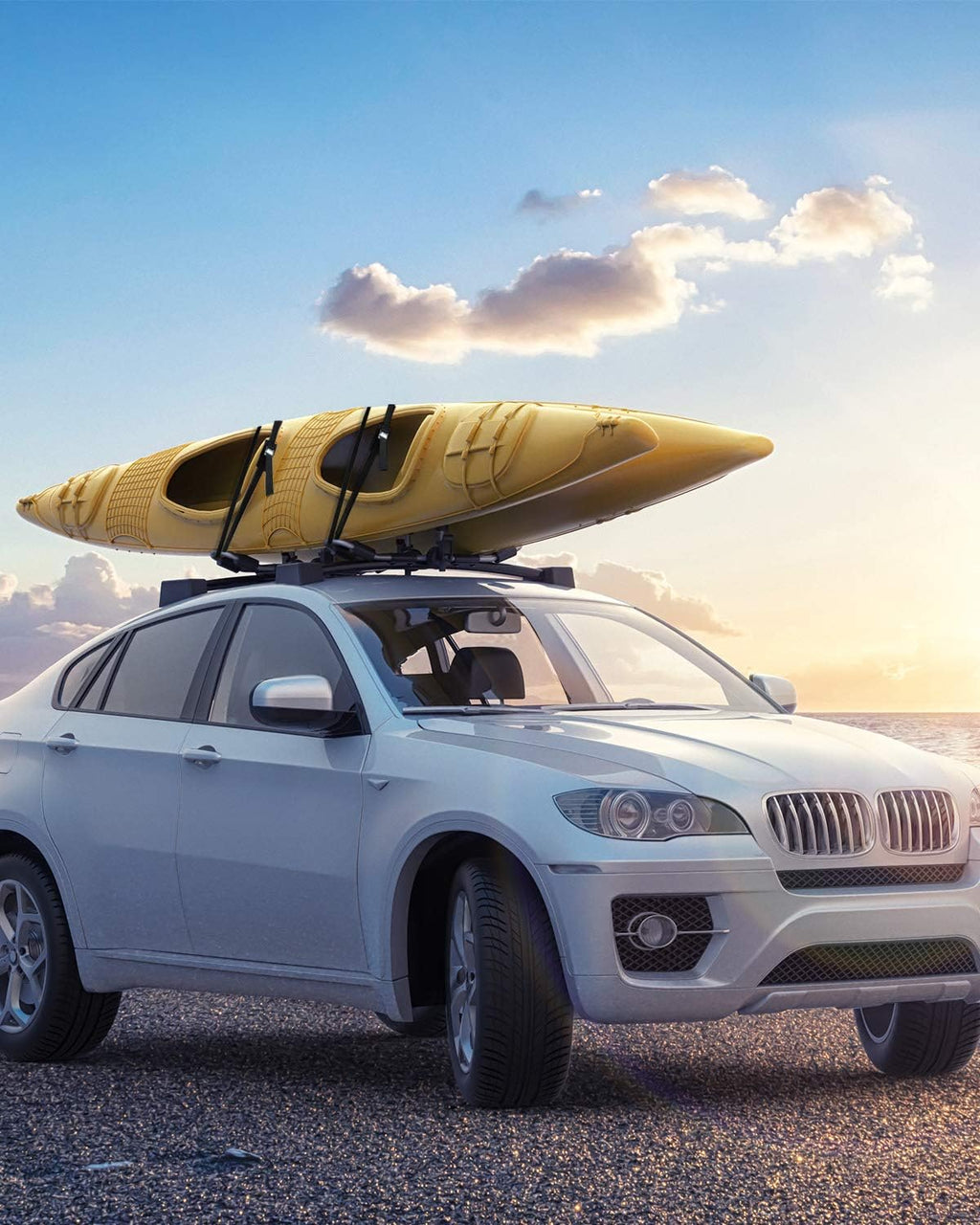 Kayak Roof Rack for 2 Kayaks Folding Aluminum Kayak Carrier J Bar with Paddle Holder A203124