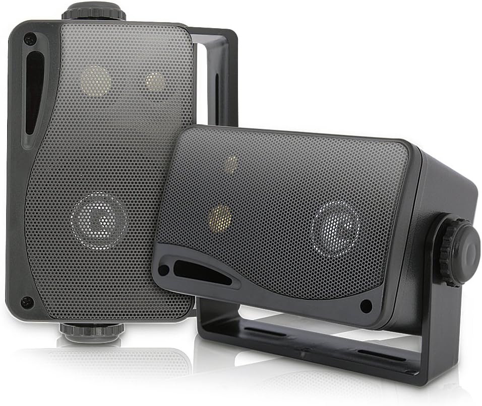 3-Way Mini Box Speaker System & Marine Stereo Cover with Flip-Up Door, Black Pack of 2 E2114