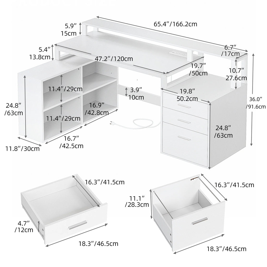 White L Shaped Desk with Power Outlets and Monitor Stand, 3 Drawers, 4 Open Storage Shelves G211