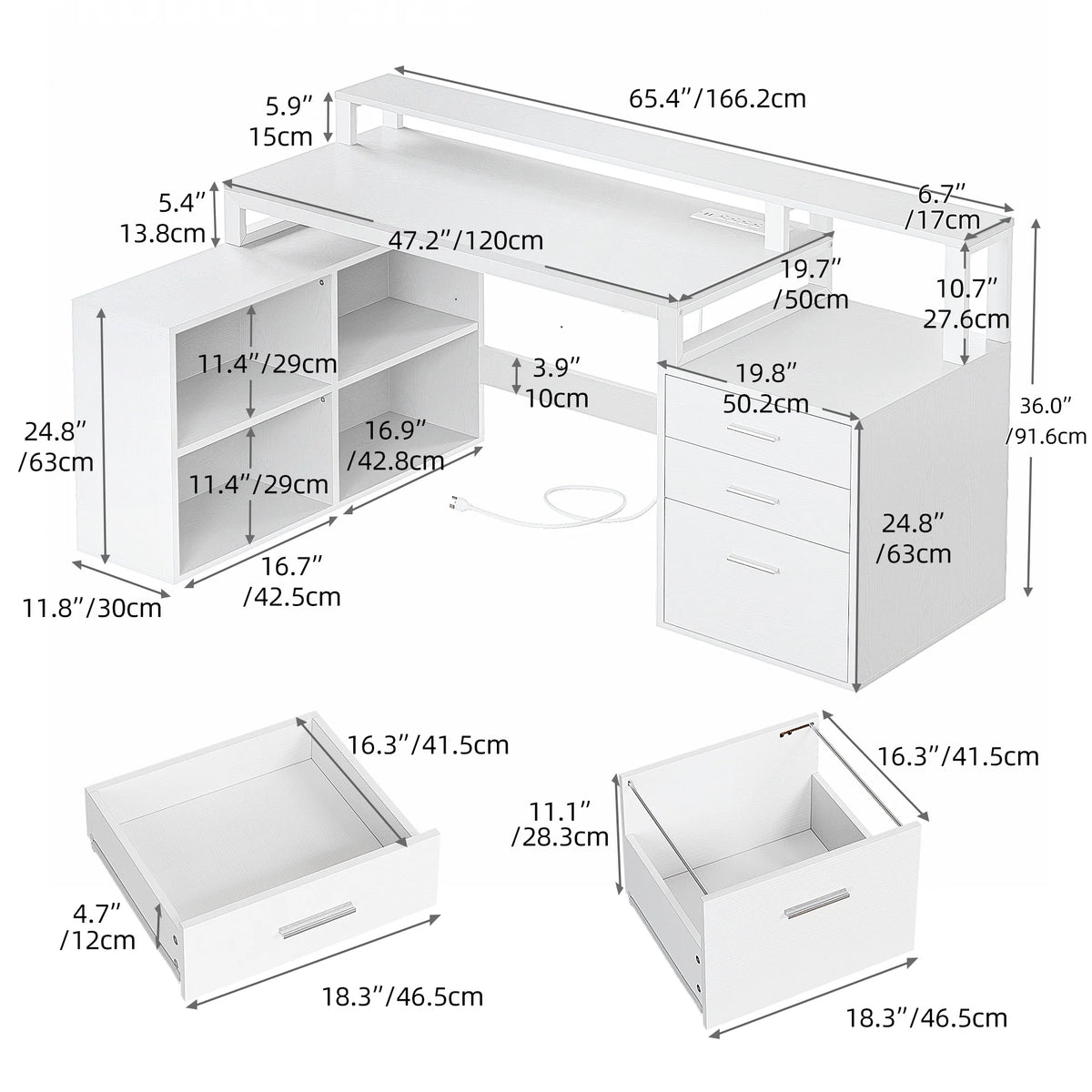 White L Shaped Desk with Power Outlets and Monitor Stand, 3 Drawers, 4 Open Storage Shelves G211