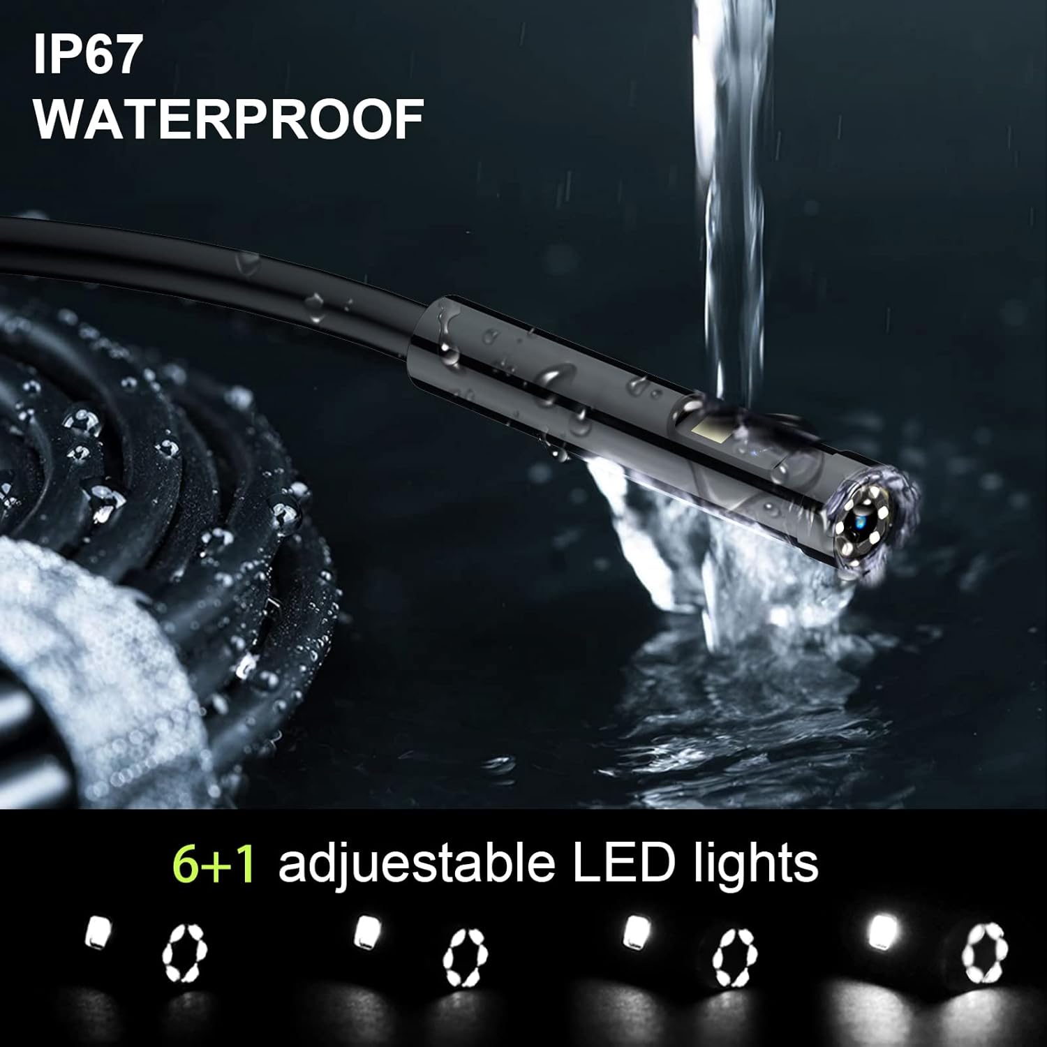 Dual Lens Video Endoscope Camera with Lights, 1080P Borescope Inspection Camera, 8 mm IP67 Waterproof, 16.5FT Semi-Rigid Cable, 32GB Card F563414