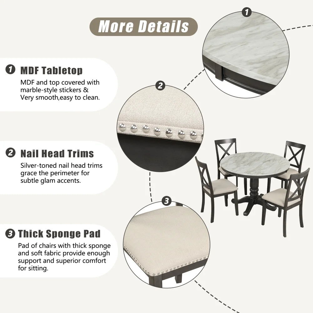 5-Piece Solid Wood Round Dining Table and Chairs Set U3898