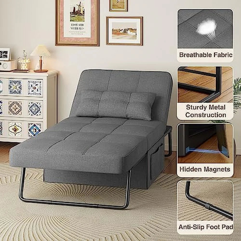 4 in 1 Convertible Chair Sofa Bed with Adjustable Backrest Linen Fabric Dark Grey H852