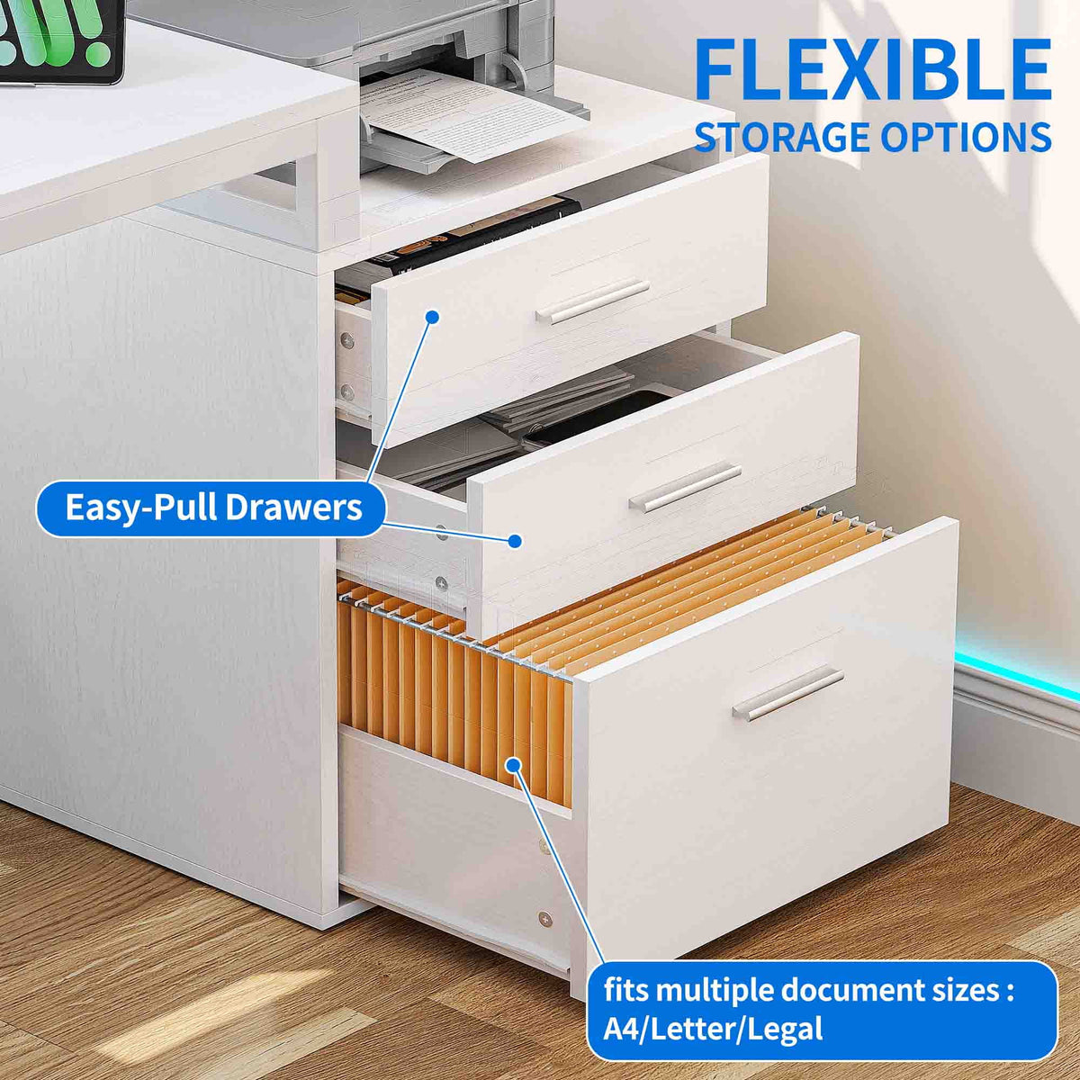 White L Shaped Desk with Power Outlets and Monitor Stand, 3 Drawers, 4 Open Storage Shelves G211