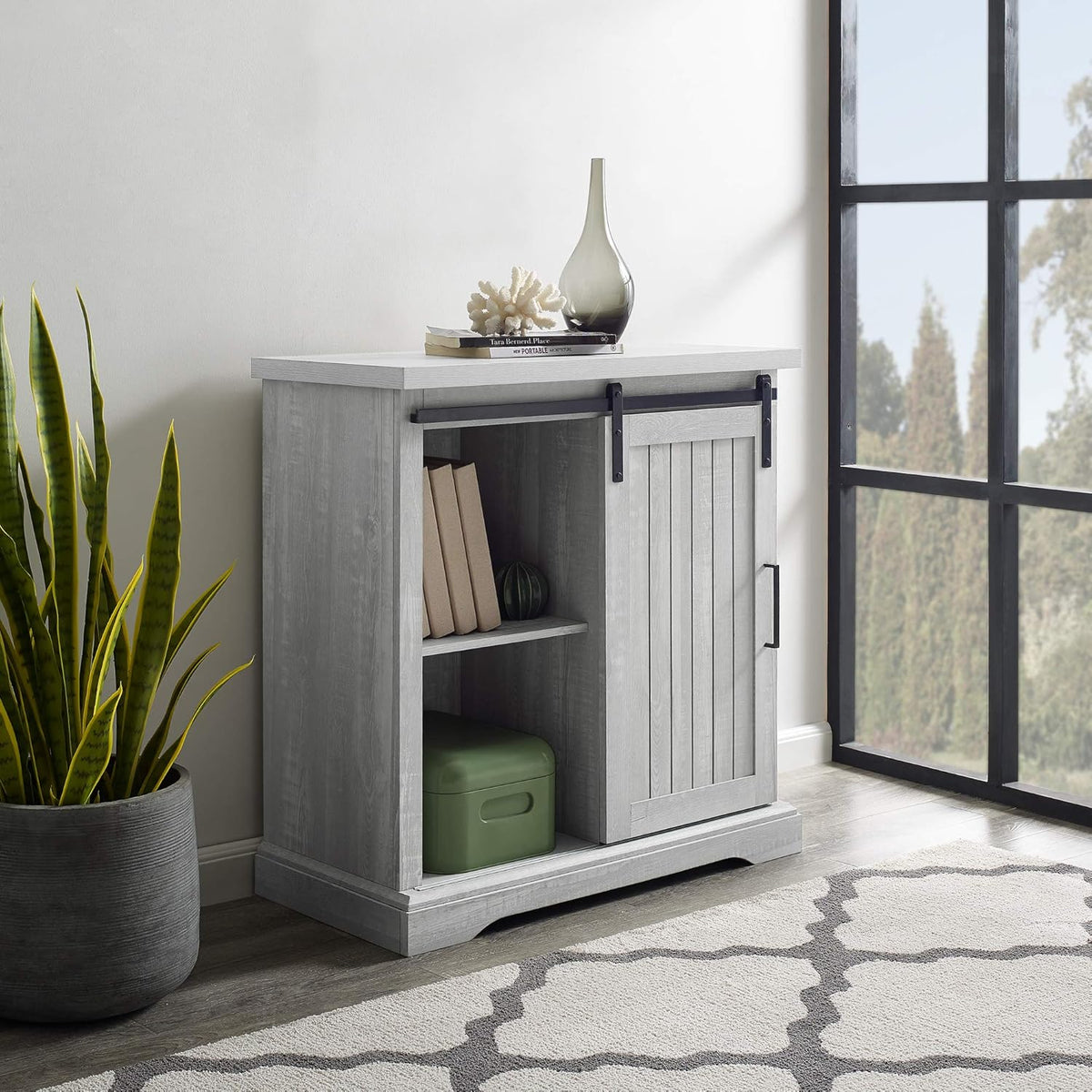 White Oak Sliding Slat Door Storage Cabinet A9558